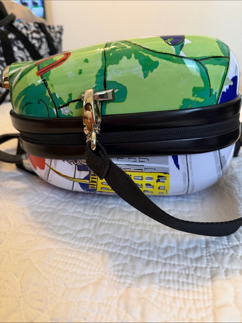 Brighton Mini Illustrated Dome Satchel in White Multi with Black Handle - Picture 5 of 11